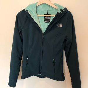 North Face teal fleece lined softshell hoodie XS